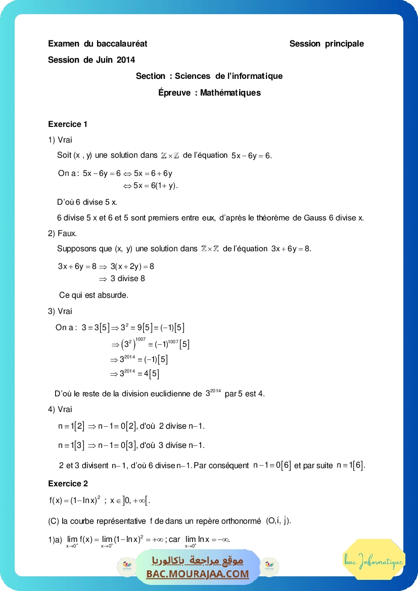 Corrigé principale math Bac 2014 – Section info